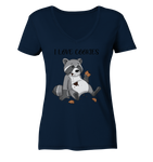 "I LOVE COOKIES" - Waschbär - Ladies Organic V-Neck Shirt - Schweinchen's Shop - V-Neck Shirts - French Navy / S
