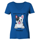 "Keep Calm Frenchie" - Ladies Organic V-Neck Shirt - Schweinchen's Shop - V-Neck Shirts - Royal Blue / S
