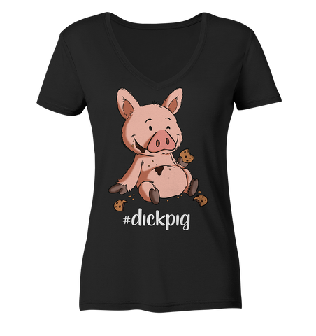 Organic V-Neck Shirt - "DickPig" Black Edition - Ladies - Schweinchen's Shop - V-Neck Shirts - Black / S