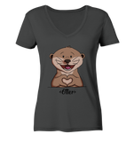 "Herz Otter" - Ladies Organic V-Neck Shirt - Schweinchen's Shop - V-Neck Shirts - Anthracite / S