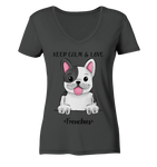 "Keep Calm Frenchie" - Ladies Organic V-Neck Shirt - Schweinchen's Shop - V-Neck Shirts - Anthracite / S