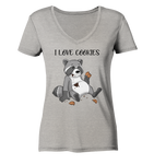 "I LOVE COOKIES" - Waschbär - Ladies Organic V-Neck Shirt - Schweinchen's Shop - V-Neck Shirts - Heather Grey / S