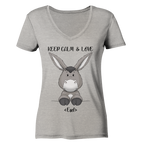 "Keep Calm Esel" - Ladies Organic V-Neck Shirt - Schweinchen's Shop - V-Neck Shirts - Heather Grey / S
