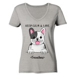 "Keep Calm Frenchie" - Ladies Organic V-Neck Shirt - Schweinchen's Shop - V-Neck Shirts - Heather Grey / S
