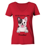 "Keep Calm Frenchie" - Ladies Organic V-Neck Shirt - Schweinchen's Shop - V-Neck Shirts - Red / S