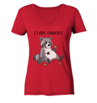 "I LOVE COOKIES" - Waschbär - Ladies Organic V-Neck Shirt - Schweinchen's Shop - V-Neck Shirts - Red / S