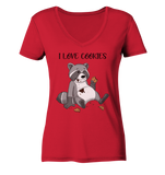 "I LOVE COOKIES" - Waschbär - Ladies Organic V-Neck Shirt - Schweinchen's Shop - V-Neck Shirts - Red / S