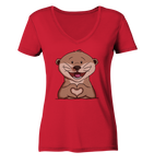 Otter Herz - Ladies Organic V-Neck Shirt - Schweinchen's Shop - V-Neck Shirts - Red / S