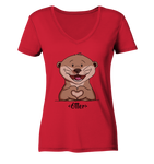 "Herz Otter" - Ladies Organic V-Neck Shirt - Schweinchen's Shop - V-Neck Shirts - Red / S