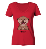 "Herz Otter" - Ladies Organic V-Neck Shirt - Schweinchen's Shop - V-Neck Shirts - Red / S