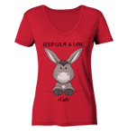 "Keep Calm Esel" - Ladies Organic V-Neck Shirt - Schweinchen's Shop - V-Neck Shirts - Red / S