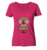 "Herz Otter" - Ladies Organic V-Neck Shirt - Schweinchen's Shop - V-Neck Shirts - Raspberry / S