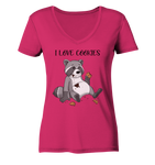 "I LOVE COOKIES" - Waschbär - Ladies Organic V-Neck Shirt - Schweinchen's Shop - V-Neck Shirts - Raspberry / S