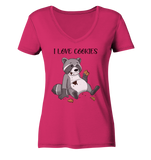 "I LOVE COOKIES" - Waschbär - Ladies Organic V-Neck Shirt - Schweinchen's Shop - V-Neck Shirts - Raspberry / S