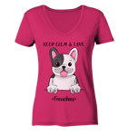 "Keep Calm Frenchie" - Ladies Organic V-Neck Shirt - Schweinchen's Shop - V-Neck Shirts - Raspberry / S