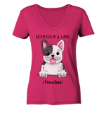 "Keep Calm Frenchie" - Ladies Organic V-Neck Shirt - Schweinchen's Shop - V-Neck Shirts - Raspberry / S