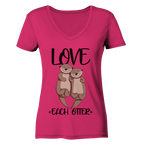 "LOVE EACH OTTER" - Otter - Ladies Organic V-Neck Shirt - Schweinchen's Shop - V-Neck Shirts - Raspberry / S