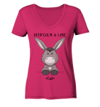 "Keep Calm Esel" - Ladies Organic V-Neck Shirt - Schweinchen's Shop - V-Neck Shirts - Raspberry / S