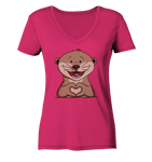 Otter Herz - Ladies Organic V-Neck Shirt - Schweinchen's Shop - V-Neck Shirts - Raspberry / S