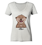 "Herz Otter" - Ladies Organic V-Neck Shirt - Schweinchen's Shop - V-Neck Shirts - Cream Heather Grey / S