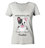 "Keep Calm Frenchie" - Ladies Organic V-Neck Shirt - Schweinchen's Shop - V-Neck Shirts - Cream Heather Grey / S