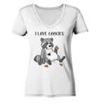 "I LOVE COOKIES" - Waschbär - Ladies Organic V-Neck Shirt - Schweinchen's Shop - V-Neck Shirts - White / S