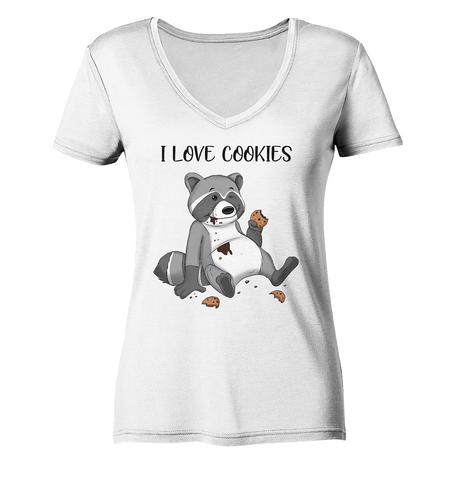 "I LOVE COOKIES" - Waschbär - Ladies Organic V-Neck Shirt - Schweinchen's Shop - V-Neck Shirts - White / S