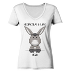 "Keep Calm Esel" - Ladies Organic V-Neck Shirt - Schweinchen's Shop - V-Neck Shirts - White / S