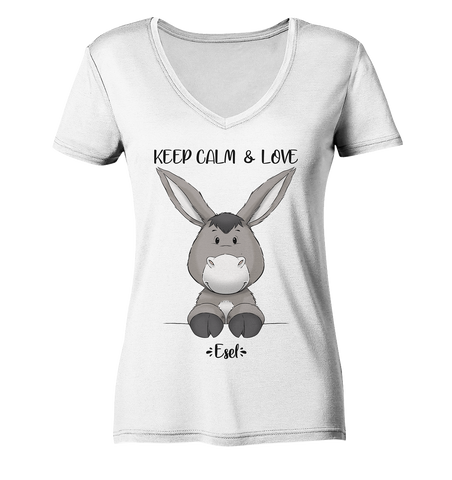 "Keep Calm Esel" - Ladies Organic V-Neck Shirt - Schweinchen's Shop - V-Neck Shirts - White / S