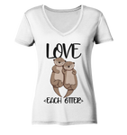 "LOVE EACH OTTER" - Otter - Ladies Organic V-Neck Shirt - Schweinchen's Shop - V-Neck Shirts - White / S