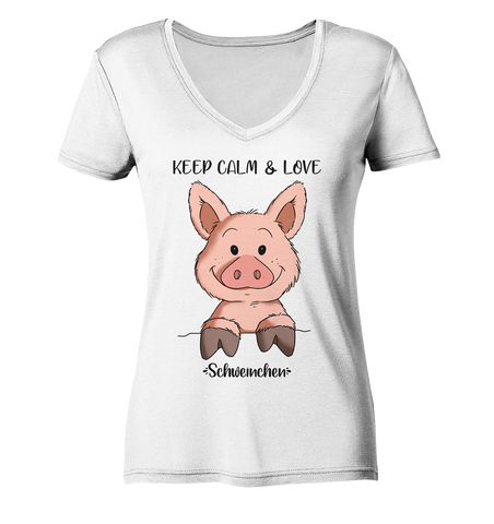 T-Shirt - "Keep Calm" - Ladies Organic V-Neck Shirt - Schweinchen's Shop - V-Neck Shirts - White / S