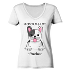 "Keep Calm Frenchie" - Ladies Organic V-Neck Shirt - Schweinchen's Shop - V-Neck Shirts - White / S