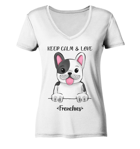 "Keep Calm Frenchie" - Ladies Organic V-Neck Shirt - Schweinchen's Shop - V-Neck Shirts - White / S