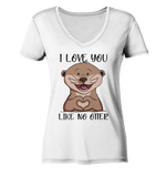 Otter - "Love You Like No Otter" - Ladies Organic V-Neck Shirt - Schweinchen's Shop - V-Neck Shirts - White / S