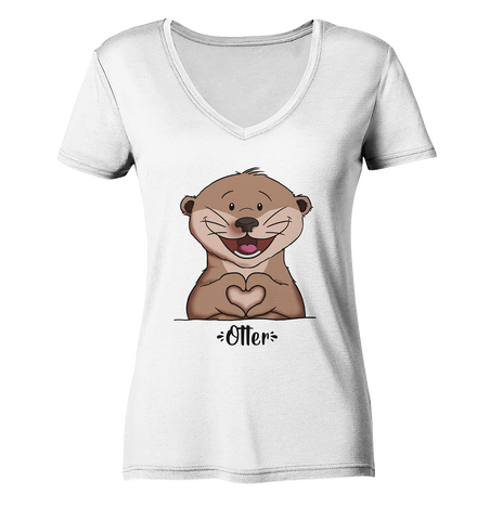 "Herz Otter" - Ladies Organic V-Neck Shirt - Schweinchen's Shop - V-Neck Shirts - White / S