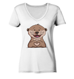Otter Herz - Ladies Organic V-Neck Shirt - Schweinchen's Shop - V-Neck Shirts - White / S