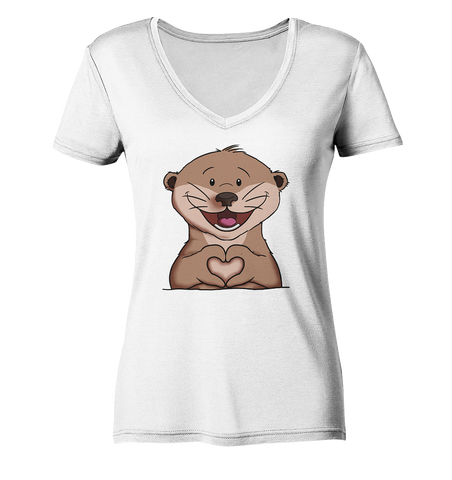 Otter Herz - Ladies Organic V-Neck Shirt - Schweinchen's Shop - V-Neck Shirts - White / S