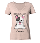 "Keep Calm Frenchie" - Ladies Organic V-Neck Shirt - Schweinchen's Shop - V-Neck Shirts - Cream Heather Pink / S