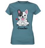 "Frenchie Herz" - Ladies Premium Shirt - Schweinchen's Shop - Lady-Shirts - Stone Blue / XS