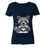 "I LOVE RACOONS" - Ladies V-Neck Shirt - Schweinchen's Shop - V-Neck Shirts - Navy / XS
