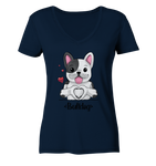 "Bulldog Herz" - Ladies V-Neck Shirt - Schweinchen's Shop - V-Neck Shirts - Navy / XS