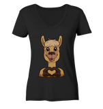 Herz Alpaka o.T. - Ladies V-Neck Shirt - Schweinchen's Shop - V-Neck Shirts - Black / XS
