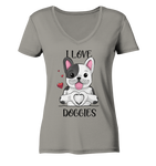 "I LOVE DOGGIES" - Ladies V-Neck Shirt - Schweinchen's Shop - V-Neck Shirts - Light Grey / XS