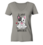 "I LOVE DOGGIES" - Ladies V-Neck Shirt - Schweinchen's Shop - V-Neck Shirts - Light Grey / XS