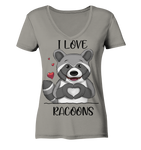 "I LOVE RACOONS" - Ladies V-Neck Shirt - Schweinchen's Shop - V-Neck Shirts - Light Grey / XS