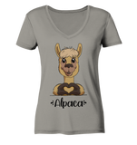 Herz Alpaka - Ladies V-Neck Shirt - Schweinchen's Shop - V-Neck Shirts - Light Grey / XS