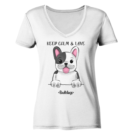"Keep Calm" - Bulldog - Ladies V-Neck Shirt - Schweinchen's Shop - V-Neck Shirts - White / XS