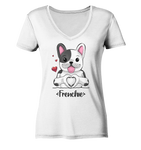 "Frenchie Herz" - Ladies V-Neck Shirt - Schweinchen's Shop - V-Neck Shirts - White / XS