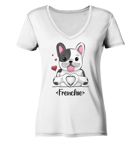 "Frenchie Herz" - Ladies V-Neck Shirt - Schweinchen's Shop - V-Neck Shirts - White / XS