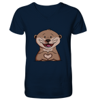 Otter Herz - Mens Organic V-Neck Shirt - Schweinchen's Shop - V-Neck Shirts - French Navy / S